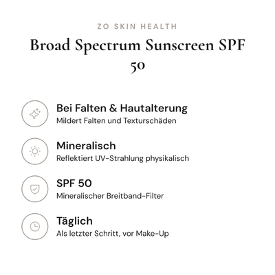Broad Spectrum Sunscreen SPF 50 - Infografik mit Wirkstoffen und Anwendung | ZO Skin Health