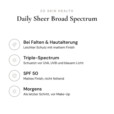 Daily Sheer Broad Spectrum SPF 50 - Infografik mit Wirkstoffen und Anwendung | ZO Skin Health