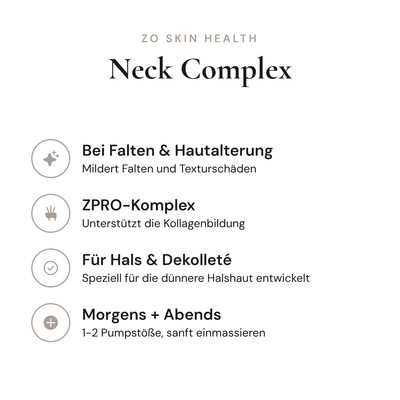 Neck Complex - Infografik mit Wirkstoffen und Anwendung | ZO Skin Health