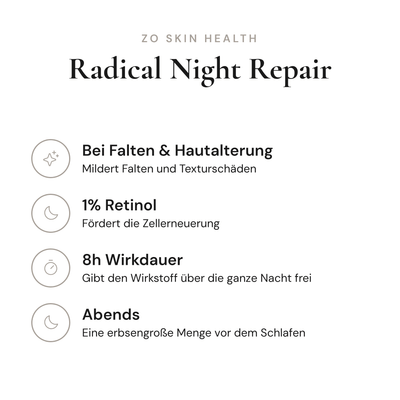 Radical Night Repair - Infografik mit Wirkstoffen und Anwendung | ZO Skin Health