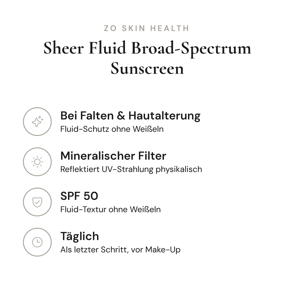 Sheer Fluid Broad-Spectrum Sunscreen SPF 50 - Infografik mit Wirkstoffen und Anwendung | ZO Skin Health
