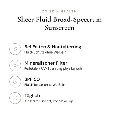 Sheer Fluid Broad-Spectrum Sunscreen SPF 50 - Infografik mit Wirkstoffen und Anwendung | ZO Skin Health