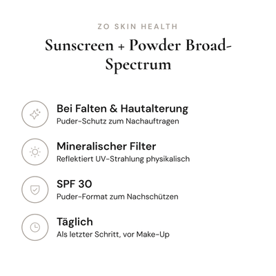 Sunscreen + Powder Broad-Spectrum SPF 30 - Infografik mit Wirkstoffen und Anwendung | ZO Skin Health