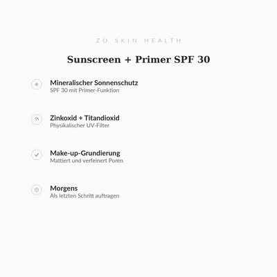 Sunscreen + Primer Broad Spectrum SPF 30 - Infografik mit Wirkstoffen und Anwendung | ZO Skin Health