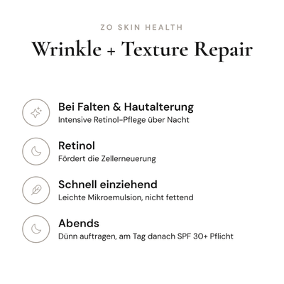 Wrinkle + Texture Repair - Infografik mit Wirkstoffen und Anwendung | ZO Skin Health