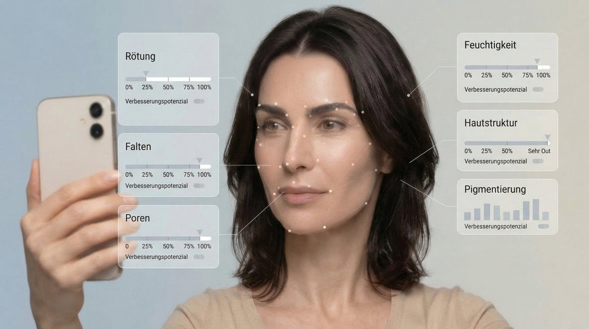 KI-gestützte Hautanalyse per Smartphone mit Bewertung von Poren, Feuchtigkeit, Falten und Rötung